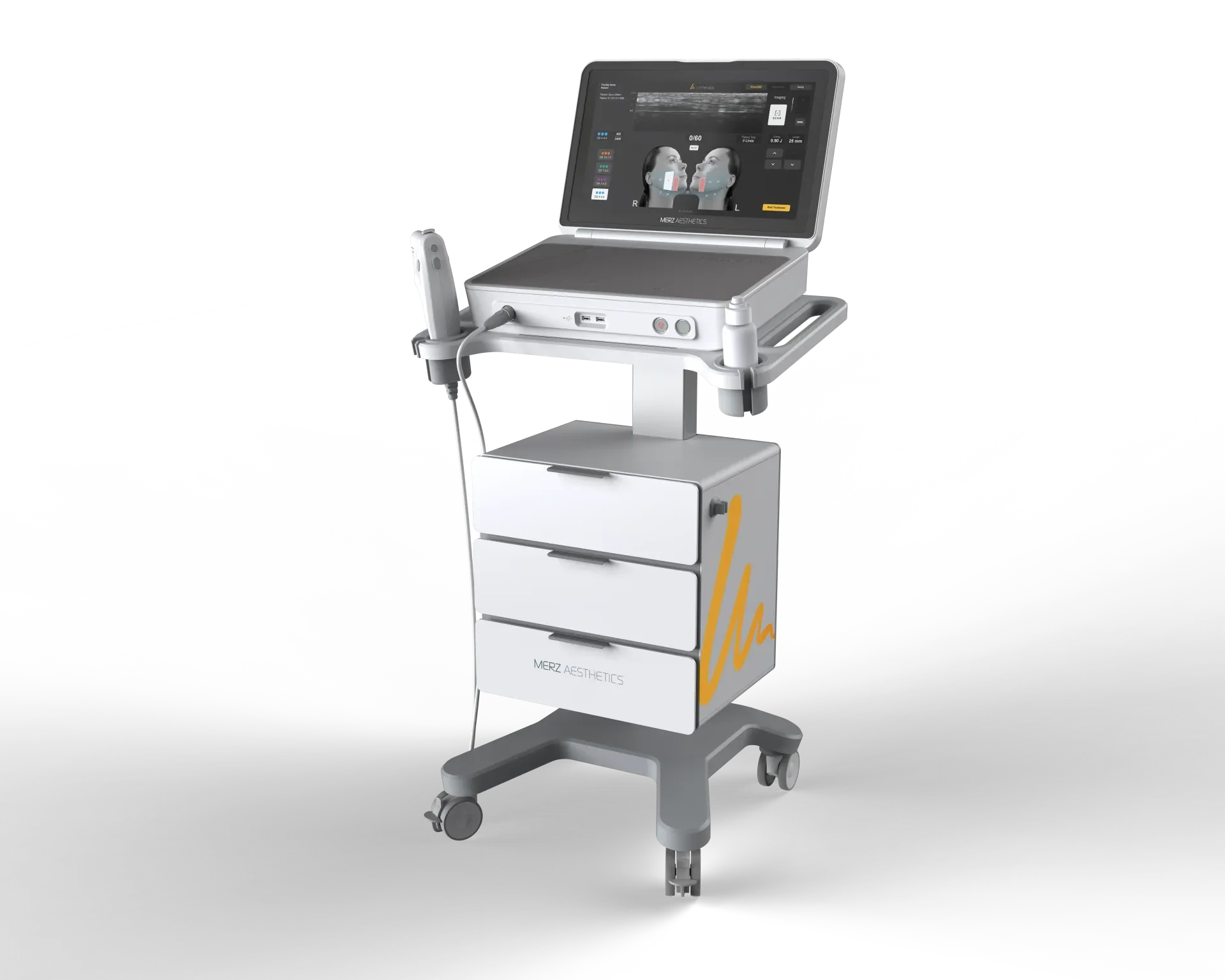 Korean dermatology room arranged for an Ultherapy Prime MFU-V session with transducer cartridges on the tray — editorial photograph